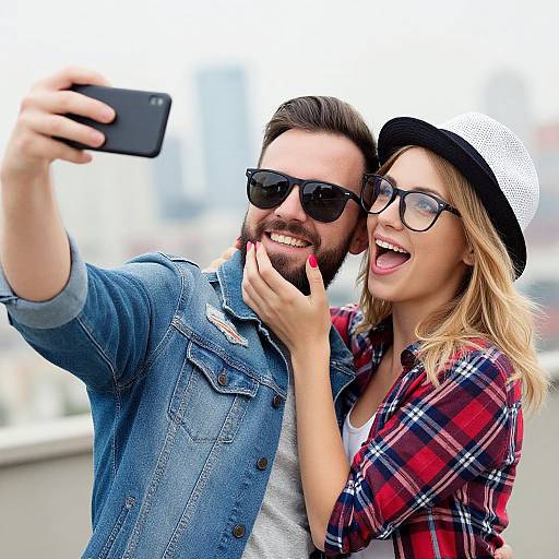 Photograph of a smiling bearded man with sunglasses and a blue denim jacket, being playfully tickled by a laughing blonde woman in a plaid