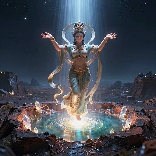 Digital CGI artwork of a divine, golden-armored dancer with a crown, mid-leap over a glowing crystal-filled circular pool under a starry night