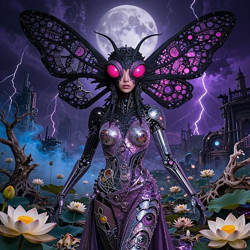 Digital fantasy artwork of a glowing-eyed, insect-woman with purple iridescent wings, metallic body, full moon, lightning, and lily pads