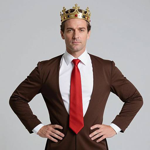 Photograph of a white man with short dark hair wearing a gold crown, brown suit, white shirt, and red tie, with hands on hips,