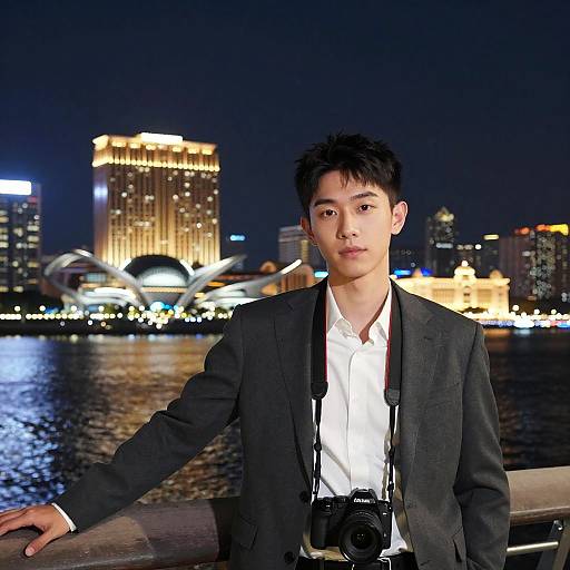 Photograph of an Asian man with short black hair, wearing a black suit and white shirt, camera around neck, standing by a waterfront at night with