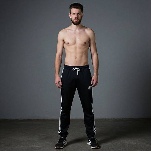 Photograph of a muscular, shirtless man with light skin, dark hair, and a beard, wearing black track pants and sneakers, standing against a