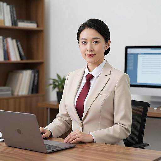 Photograph of an Asian woman with black hair in a beige suit, red tie, and white shirt, sitting at a wooden desk with a laptop in