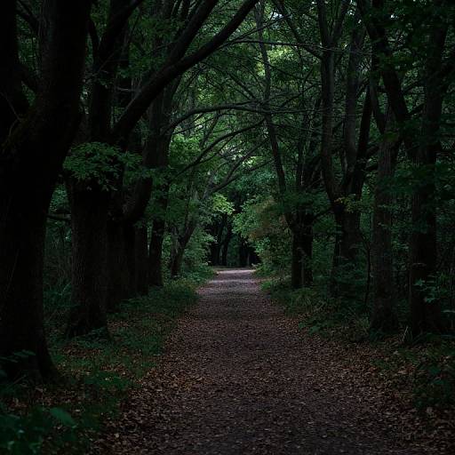 Photograph of a dark, narrow forest path lined with tall, dense trees and thick green foliage, with a dimly lit, leaf-covered ground leading