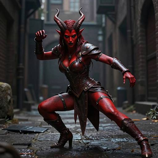 Digital artwork of a fierce, red-skinned demoness with horns, armored clothing, and fierce expression, crouching in a dark, alleyway