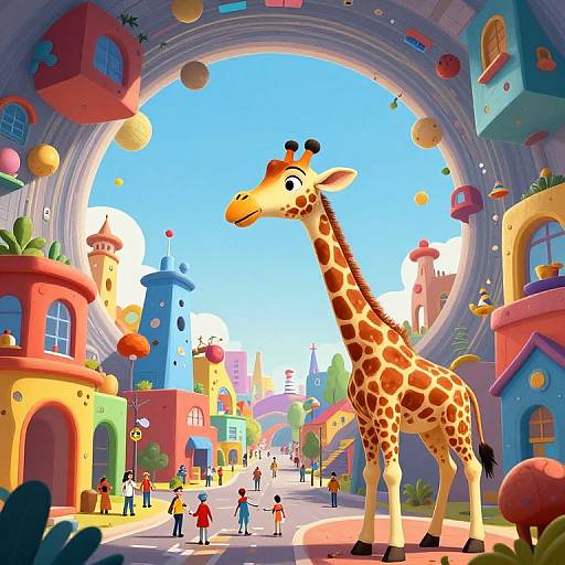 Vibrant digital illustration of a whimsical, circus-like town with a giant giraffe in the foreground, colorful buildings, floating balloons, and small