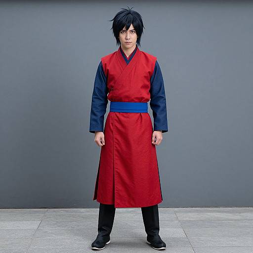 Photograph of an Asian man with black hair, wearing a red and blue martial arts uniform, standing against a gray background.