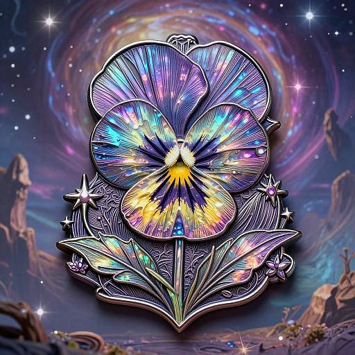 Digital artwork of a vibrant, iridescent flower with neon colors, surrounded by stars and cosmic background, set against a galaxy landscape.