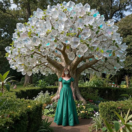 Photograph of a woman in a teal, off-shoulder lace gown standing under a blooming white magnolia tree in a lush garden.