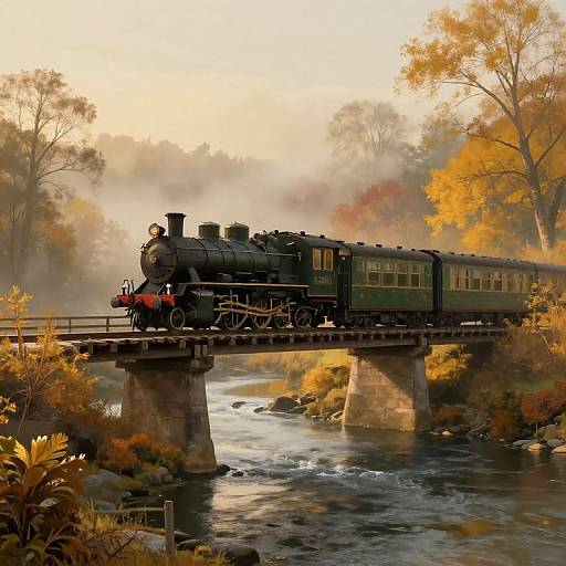 Vintage Steam Train Over Autumn River