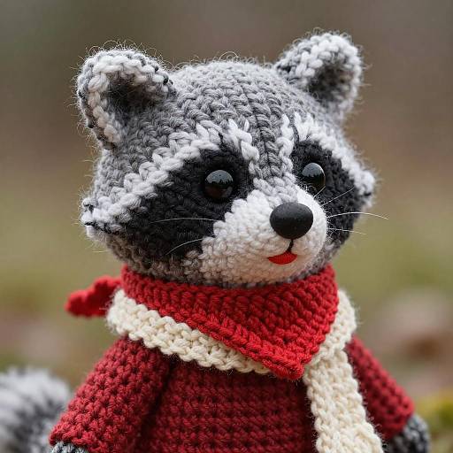 Photograph of a hand-crocheted raccoon doll with black and white fur, red scarf, and red tongue, against a blurred outdoor background