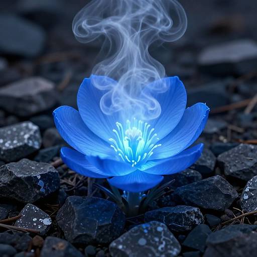 Luminous Blue Flower Among Dark Stones