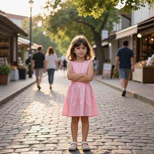 Photograph of a young girl with brown hair, wearing a pink dress and sandals, standing with arms crossed on a sunlit cobblestone street,