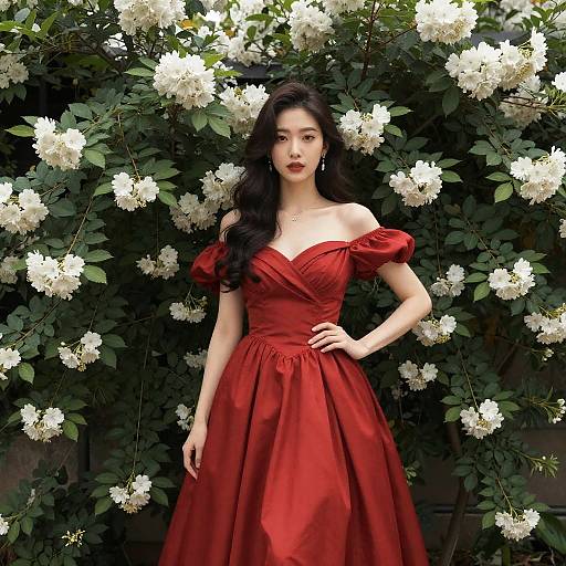 Woman in Crimson Gown by Flowers