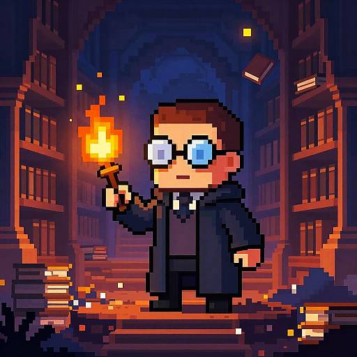 Pixel Art Arcane Librarian in Ancient Library