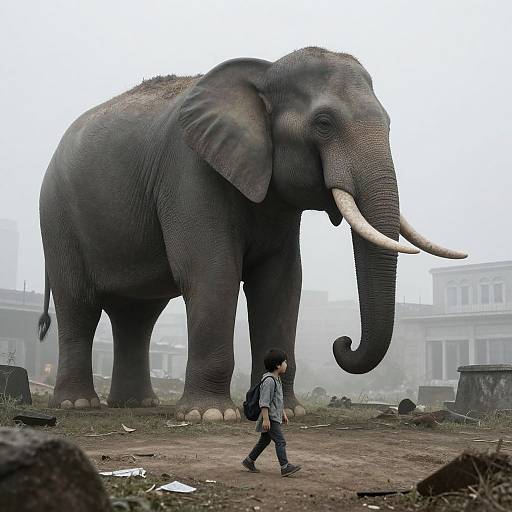 Photograph of a large Asian elephant with white tusks, standing in a foggy, urban area, as a small man in a blue shirt and