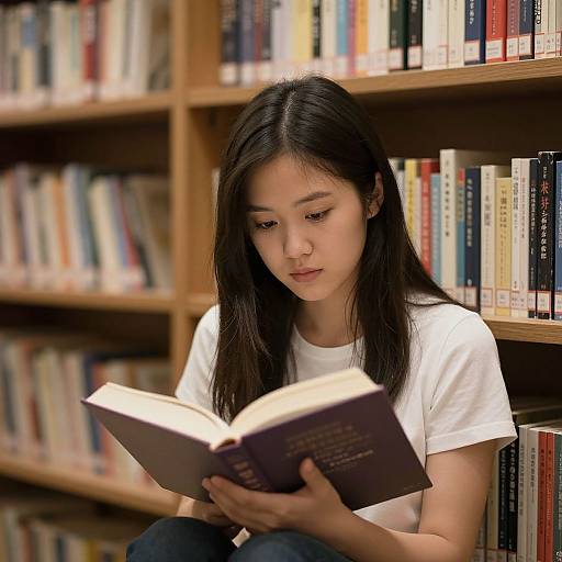 Asian woman with long black hair, white shirt, reading book in library, surrounded by colorful bookshelves, focused expression. Photograph.