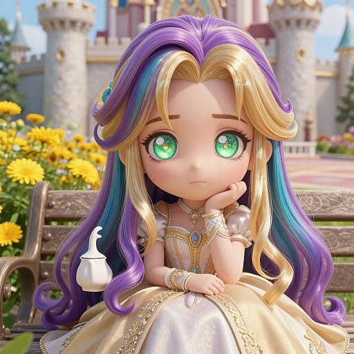 Digital chibi-style drawing of a young girl with large green eyes, long purple and blonde hair, wearing a gold and white dress, sitting on a