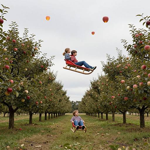 Photograph of a boy in a red striped shirt and blue jeans flying on a wooden swing between apple trees, with apples in the air and a girl
