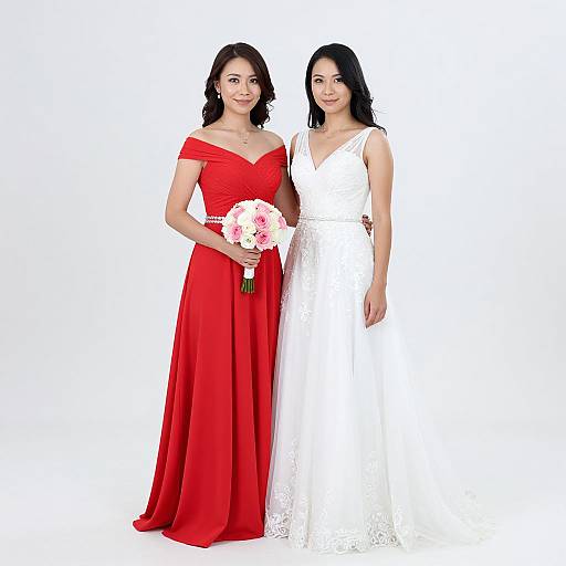 Photograph of two women; one in a red off-shoulder gown holding a pink bouquet, the other in a white lace wedding dress, standing