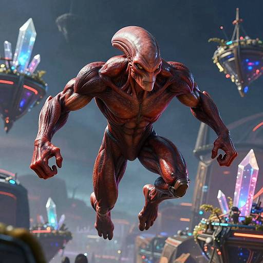 Red Four-Armed Alien Midair Somersault