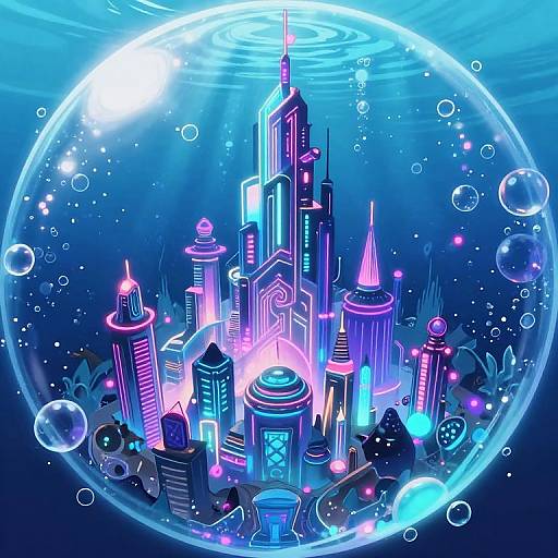Digital illustration of a neon-lit futuristic cityscape inside a glowing, bubble-filled glass sphere, with vibrant blue and pink lights.
