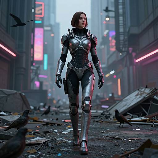 Digital CGI of a futuristic, armored woman with short brown hair walking through a neon-lit, dystopian urban alleyway, surrounded by rubble and pige
