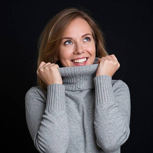 Photograph of a smiling woman with blue eyes, brown hair, and light skin, wearing a gray turtleneck sweater, pulling it up to her