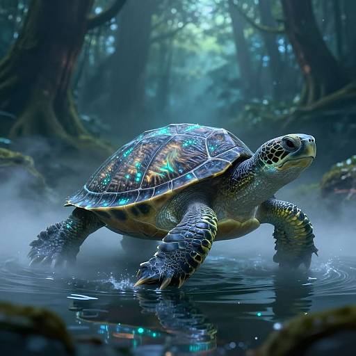 Digital art of a glowing, iridescent turtle in a misty forest pond, water splashing, vibrant colors reflecting on its shell.