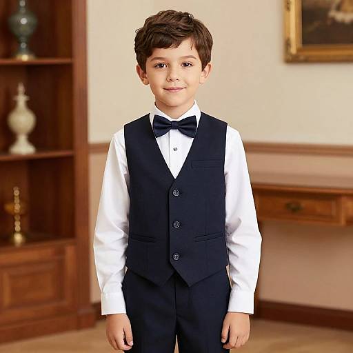 Photograph of a young boy with short brown hair, wearing a white shirt, black vest, and bow tie, standing in a formal, wood-pane