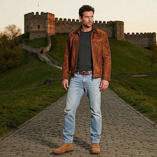 Photograph of a bearded man with dark hair in a brown leather jacket, black shirt, ripped jeans, and brown boots, standing on a cob