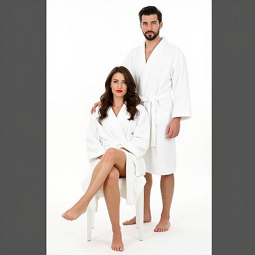 Photograph of a couple in white bathrobes; woman with long dark hair, red lipstick, crossed legs, seated; bearded man standing behind