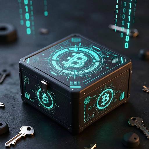 Photograph of a glowing, black, cube-shaped cryptocurrency device with neon blue Bitcoin symbols and circuit patterns, surrounded by scattered keys on a dark, textured