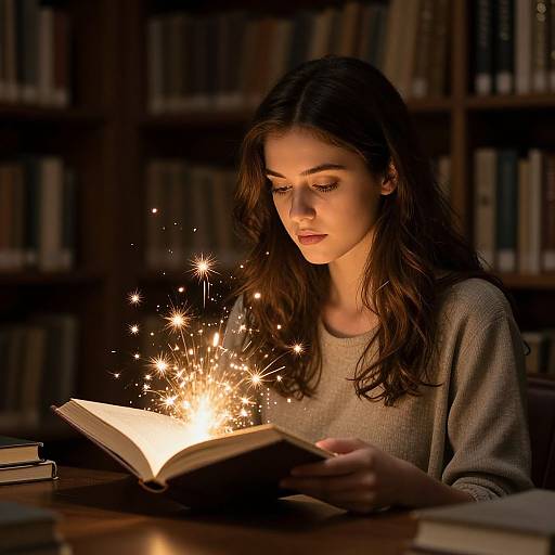 Photograph of a young woman with long brown hair, wearing a gray sweater, reading a book surrounded by sparkling fairy lights in a dimly lit library