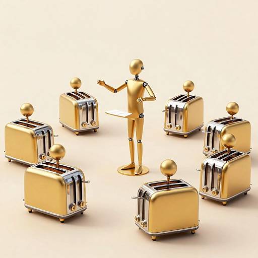 Digital illustration of a gold-colored, featureless humanoid figure standing among six shiny, golden toaster appliances, arms raised in a gesture of presentation. White background