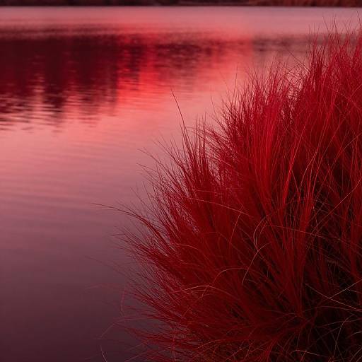 Photograph of vivid red grasses against a reflective pink and purple sunset over a calm water body, creating a serene, vibrant landscape.