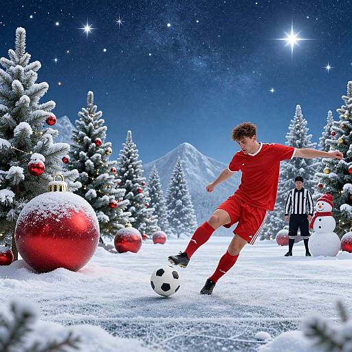 Photograph: Young male soccer player in red uniform kicks snowball in snowy, starry night forest with decorated Christmas trees and large red ornaments, referee