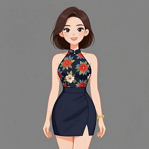 Digital anime-style drawing of a smiling woman with short brown hair, wearing a floral halter top and high-waisted navy skirt with a side slit
