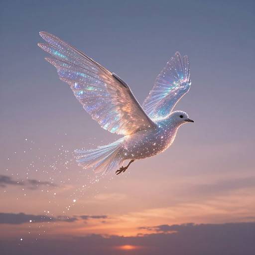 Photograph of a glowing white dove with iridescent, translucent wings, surrounded by sparkling lights, flying against a vibrant sunset sky.