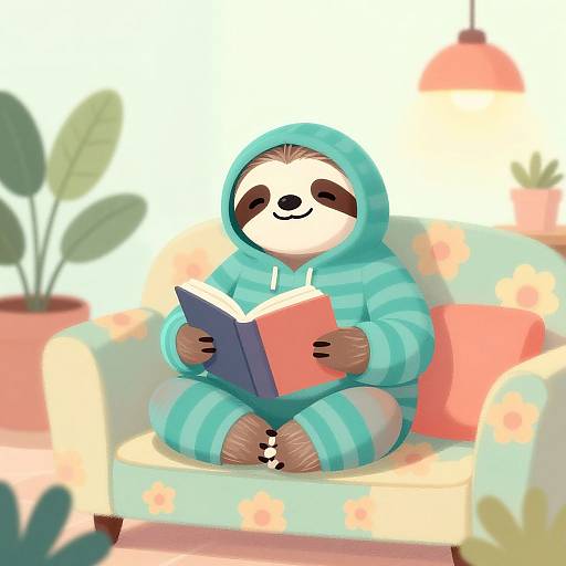 Digital illustration of a cute, smiling sloth in a teal striped hoodie, reading a red book on a floral-patterned couch.