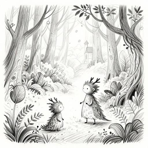 Black and white ink drawing of two whimsical, spiky-haired forest creatures standing among tall trees and lush foliage.