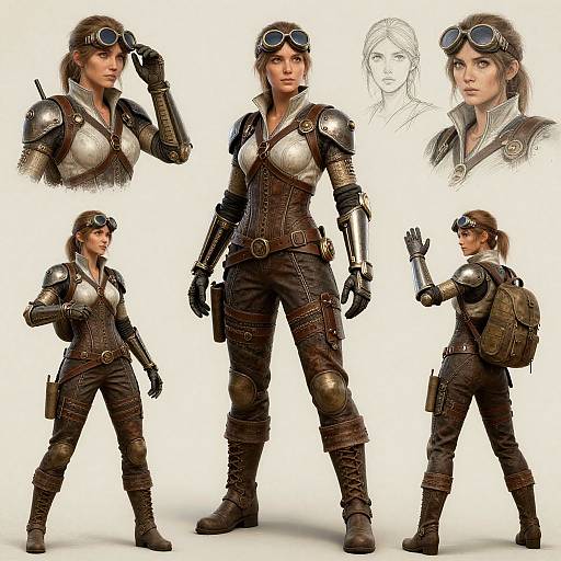 Digital character concept of a steampunk female adventurer with brown hair, goggles, armored chest, brown leather pants, and boots, in various poses.