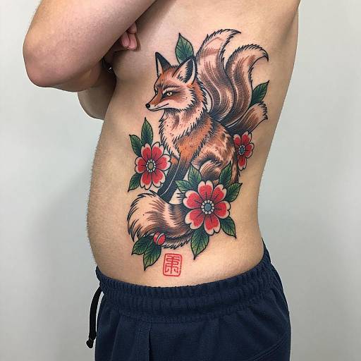 Fox Tattoo with Floral Design on Torso