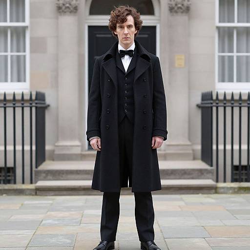 Photograph of a tall, white male with curly brown hair, wearing a black overcoat, tuxedo, and black shoes, standing in front