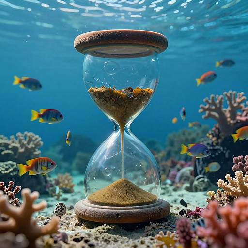 Photograph of a clear hourglass filled with sand on a vibrant underwater coral reef, surrounded by colorful fish and coral.