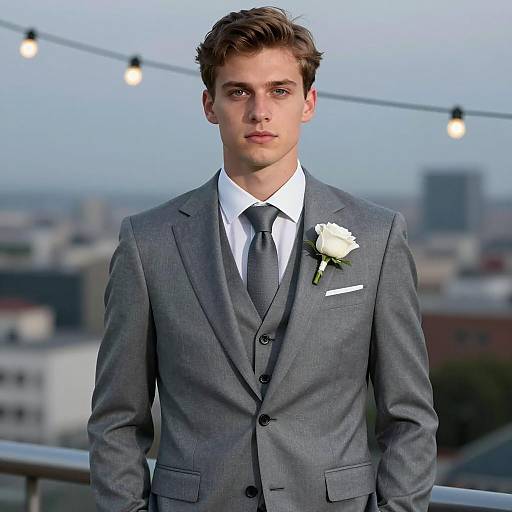 Young Man in Gray Suit with White Rose Boutonnière