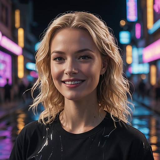 Smiling Blonde Woman in Neon Cyberpunk Street