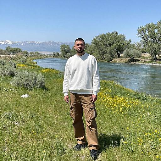 Man in Sunny Riverside Meadow