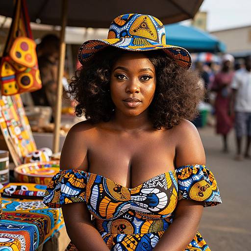 Photograph of a beautiful Black woman with curly hair, wearing an off-shoulder, vibrant African pattern dress and hat, at a colorful market stall