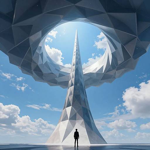 Digital art: Silhouette of a person standing beneath a massive, geometric, crystal-like structure with a blue sky and white clouds in background.